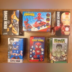 Superhero dance hero Robot toys and Spider-Man scateboard toy lot of 6 NEW